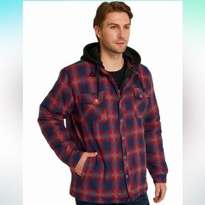 WenVen Men's Thicken Plaid Flannel Quilted Shirt/Jacket with Removable Hood, 2XL